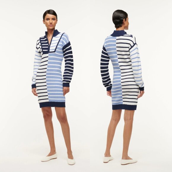 NWT Staud Hampton Mini Sweater Dress Knitted Adriatic Stripe Sz Small - Picture 2 of 8